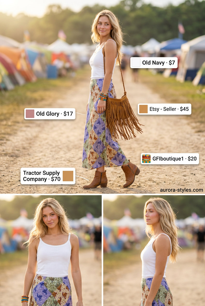Summer outfits for women with blonde hair 2026: Bohemian paisley maxi skirt, white tank, tan ankle boots, and fringe bag for festivals.