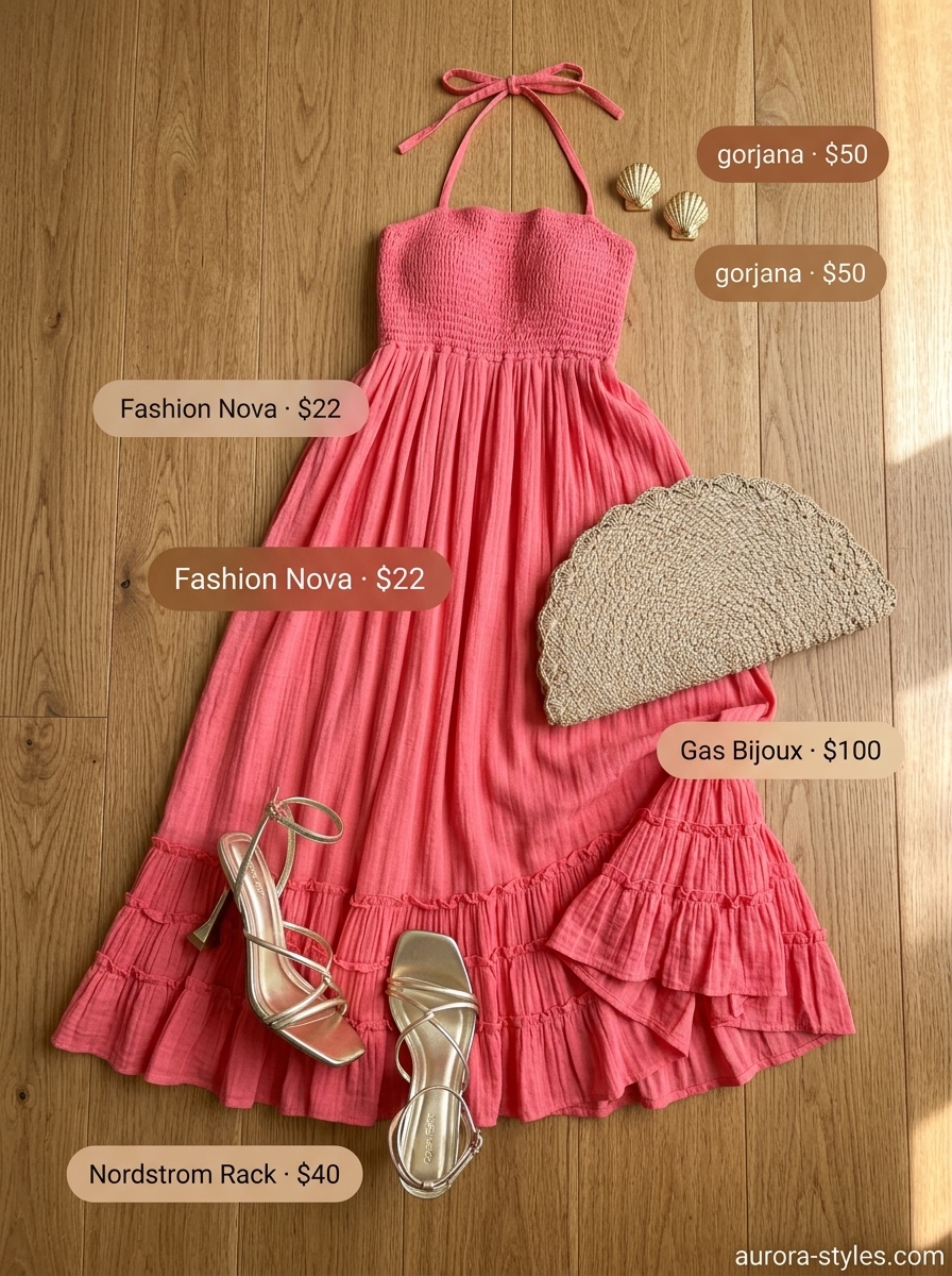 Coral maxi dress with gold accessories for summer outfits for women with blonde hair 2026. Romantic evening style.