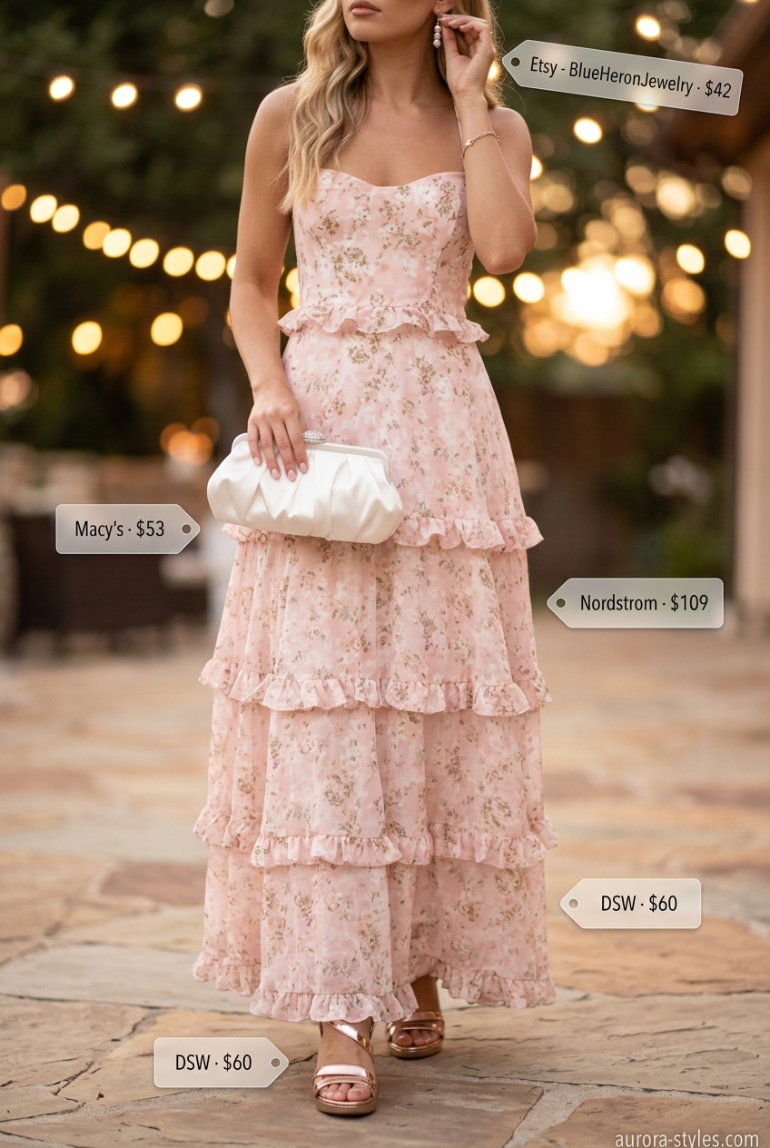 Summer outfits for women with blonde hair 2026: Blush pink floral maxi dress for romantic evening events. Ethereal and feminine.
