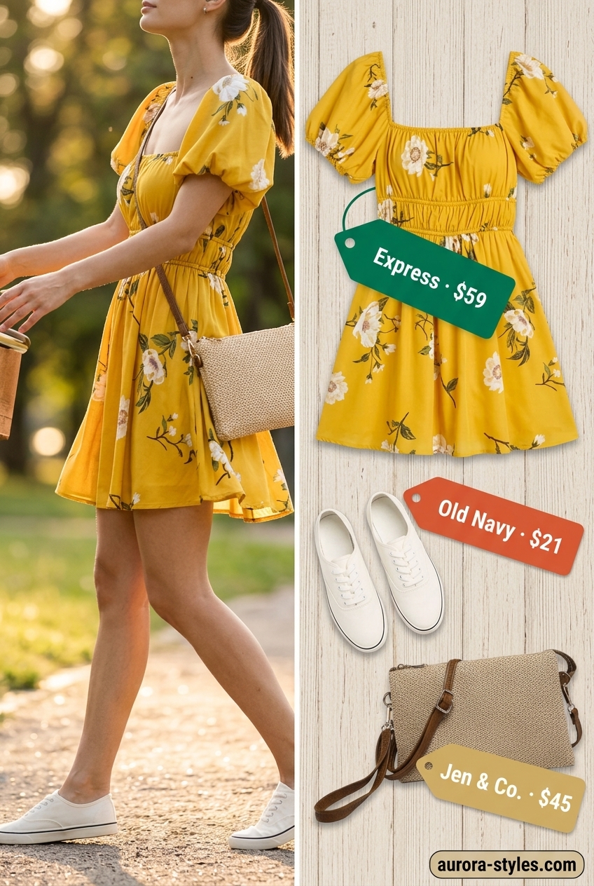 Summer outfits for women with blonde hair 2026: Yellow floral mini dress for picnics. Playful and feminine.