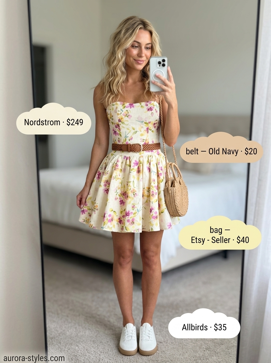 Yellow floral sundress with white sneakers for summer outfits for women with blonde hair 2026. Playful day out.