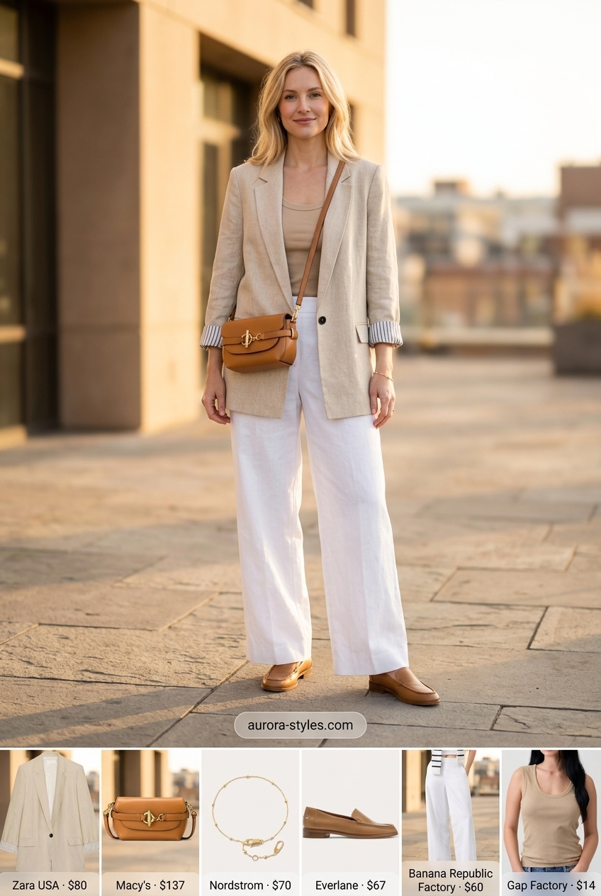 Summer outfits for women with blonde hair 2026: Linen blazer, wide-leg trousers, ribbed tank, loafers for chic office or brunch.