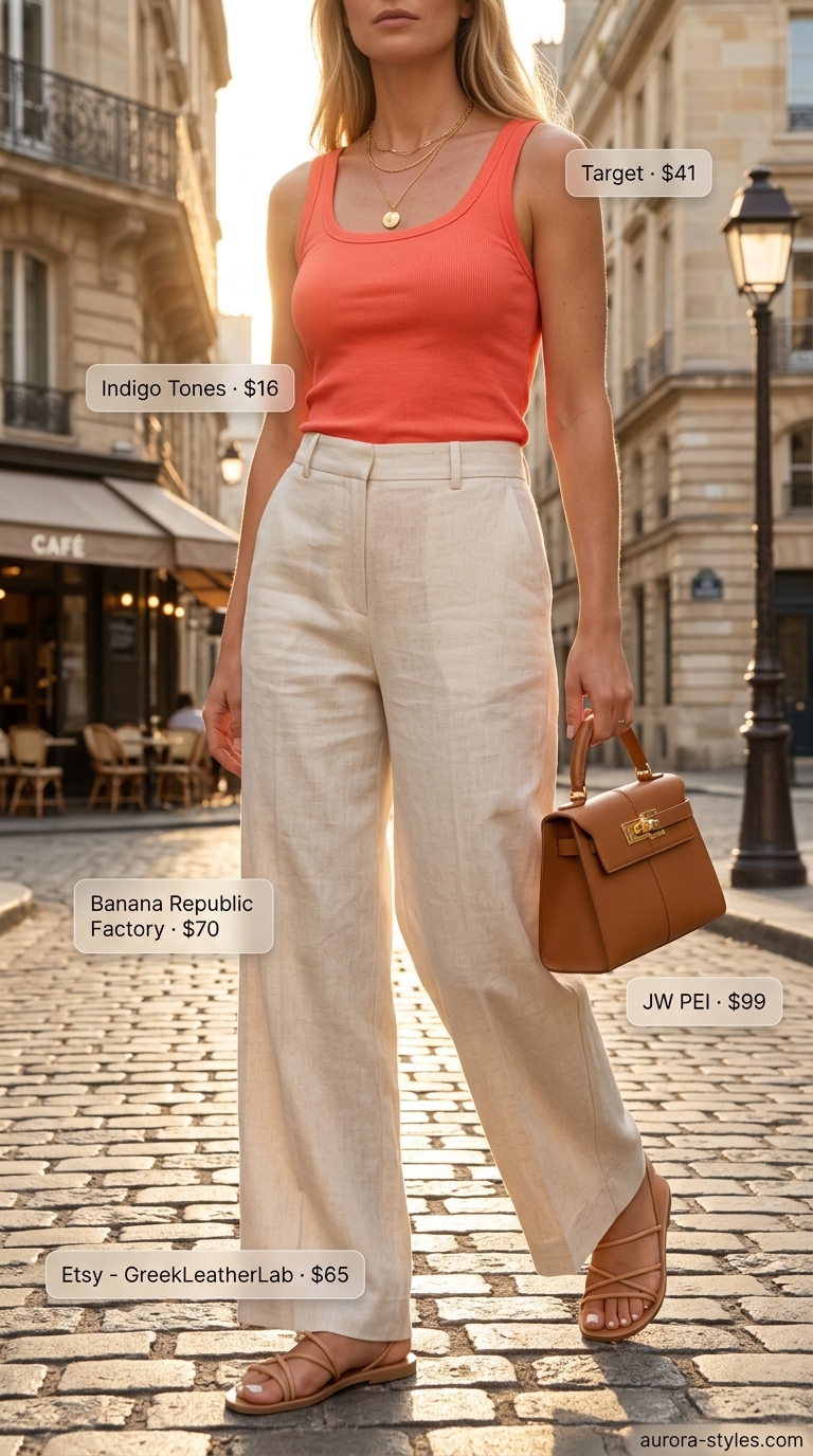 Cream linen pants and coral tank top for summer outfits for women with blonde hair 2026. Effortless daytime chic.