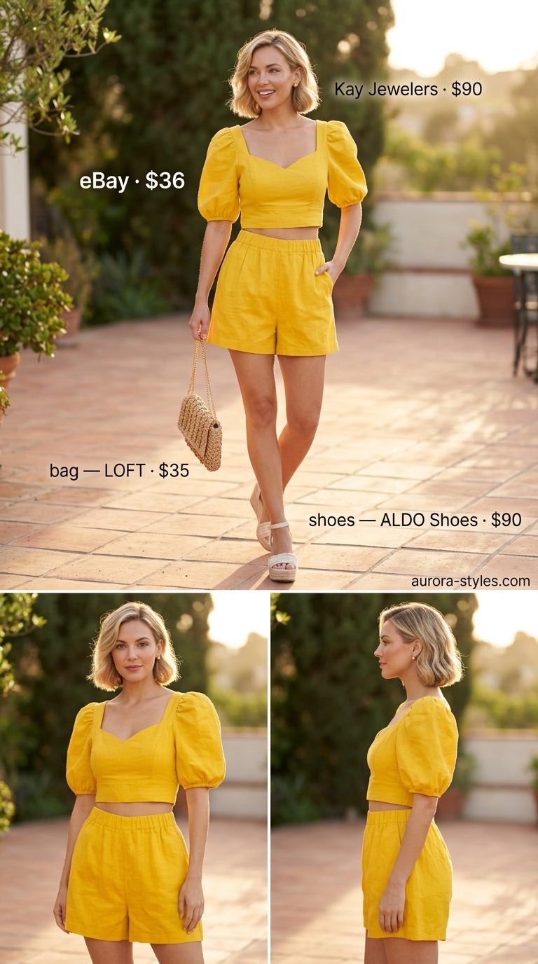 Summer outfits for women with blonde hair 2026: Lemon yellow linen set for weekend brunch. Playful and chic.