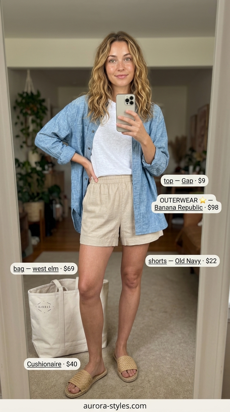 Summer outfits for women with blonde hair 2026: Linen shorts and oversized shirt for casual day out. Comfortable and breezy.