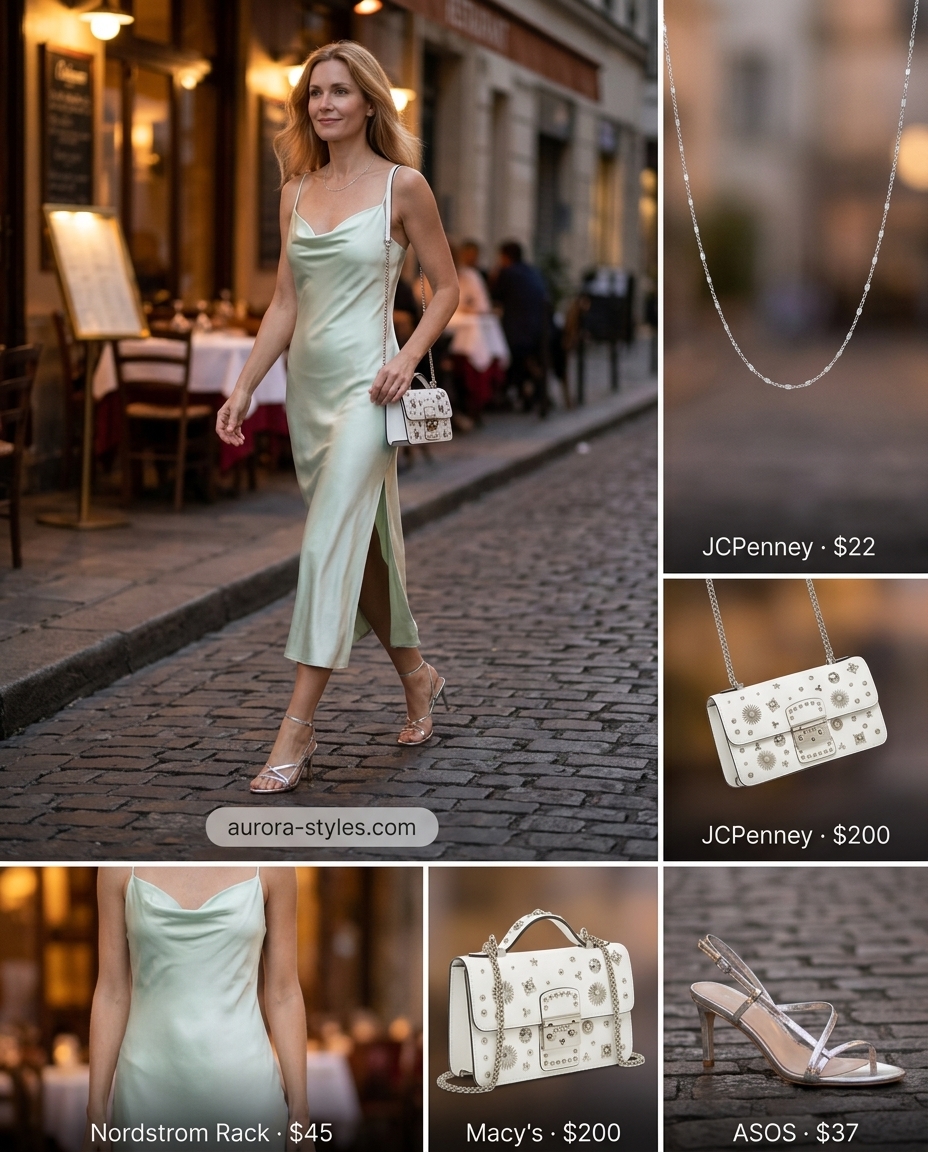 Mint green satin slip dress with silver sandals for summer outfits for women with blonde hair 2026. Minimalist chic.