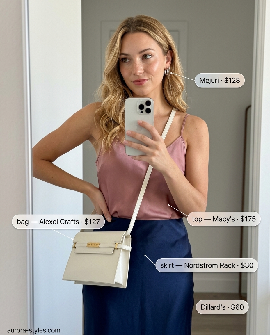 Navy satin midi skirt and pink camisole for summer outfits for women with blonde hair 2026. Chic daytime look.