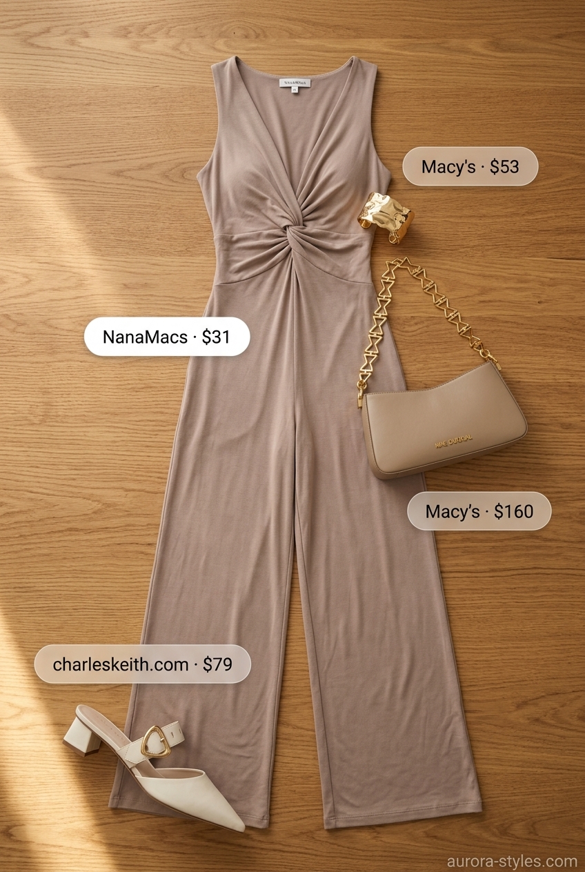 Taupe wide-leg jumpsuit with gold bracelet for summer outfits for women with blonde hair 2026. Effortless casual chic.