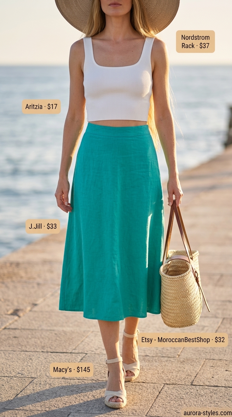Teal linen midi skirt and white crop top for summer outfits for women with blonde hair 2026. Seaside chic style.