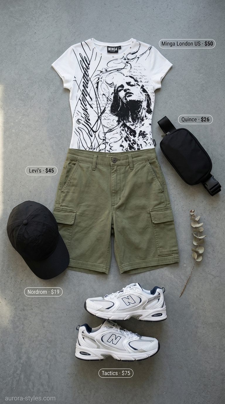 Summer outfits for women with blonde hair 2026: Olive green cargo shorts, white graphic tee, black sneakers, and crossbody bag for city exploration.