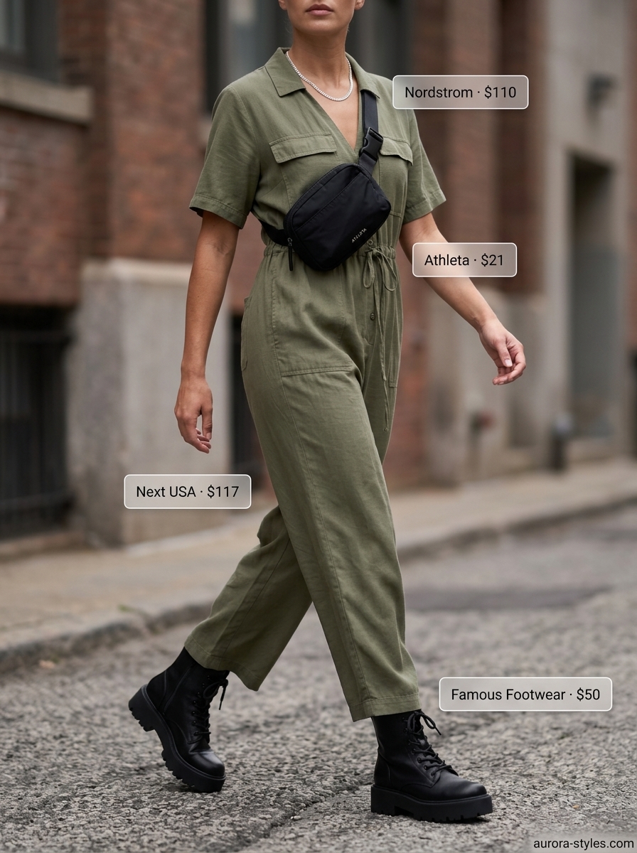 Summer outfits for women with blonde hair 2026: Olive green utility jumpsuit, combat boots, and belt bag for city exploration.