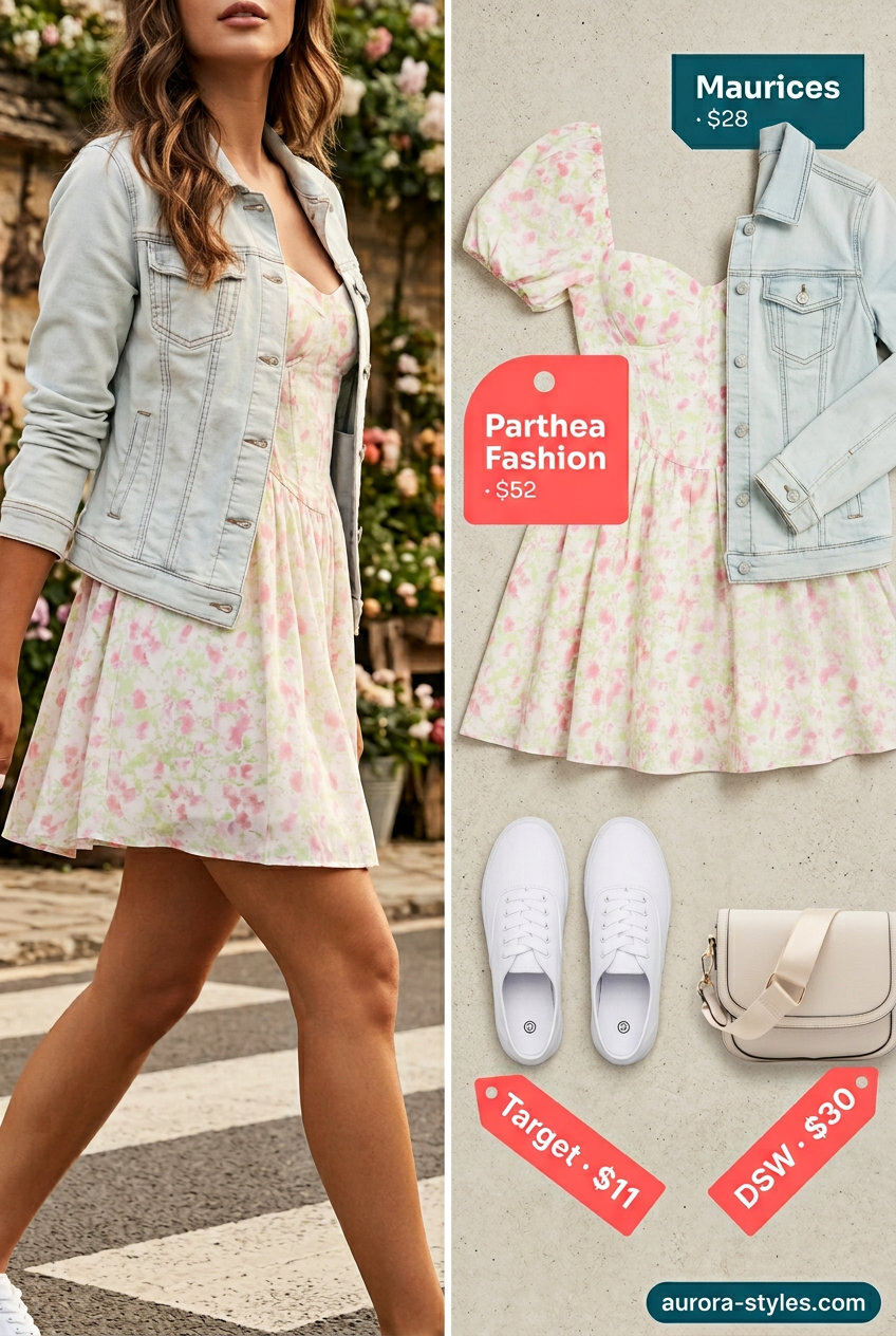 Summer outfits for women with brown hair 2026: Blush pink floral sundress, denim jacket, white sneakers for casual date.