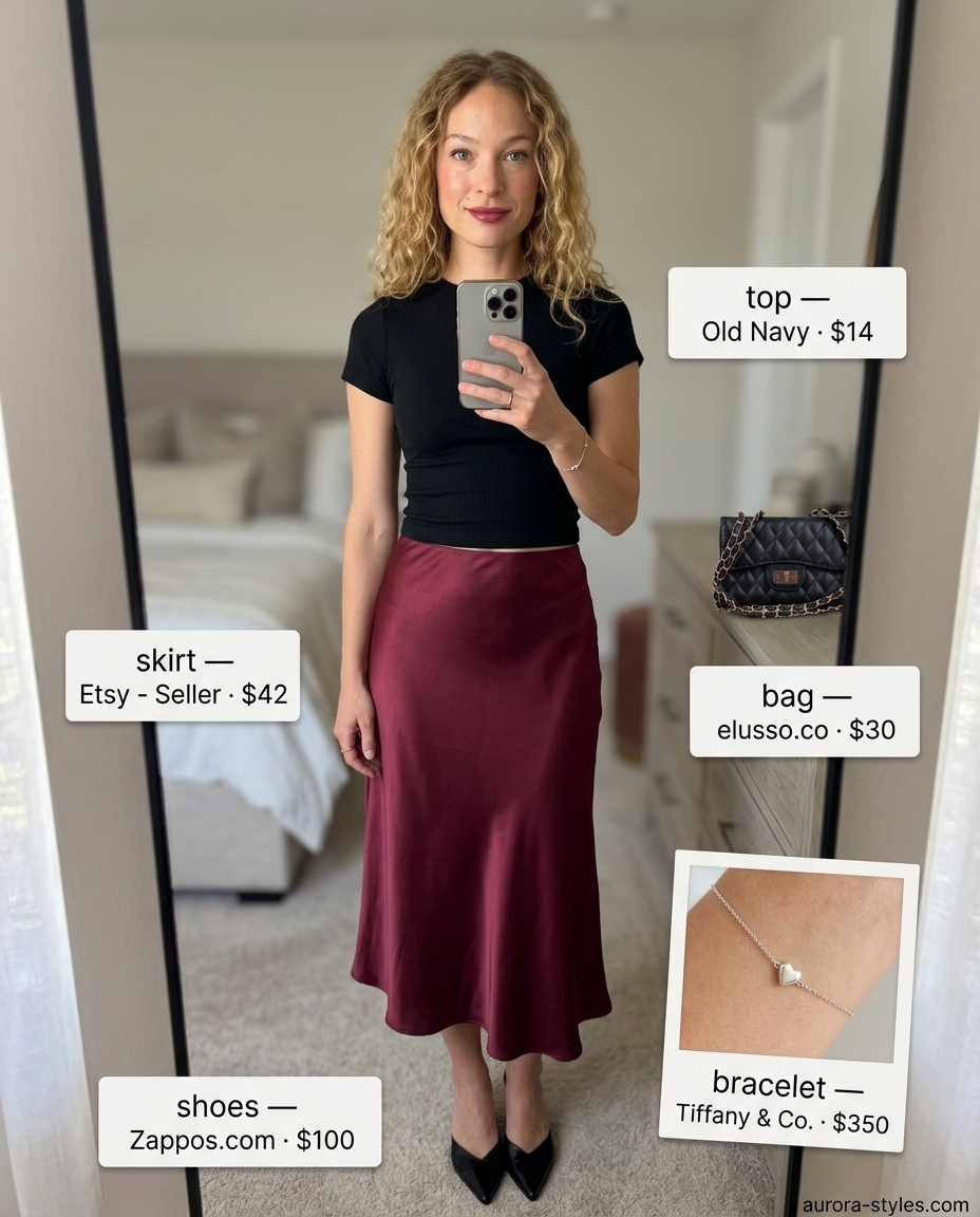 Summer outfits for women with brown hair 2026: Burgundy satin skirt, black knit top, black mules.