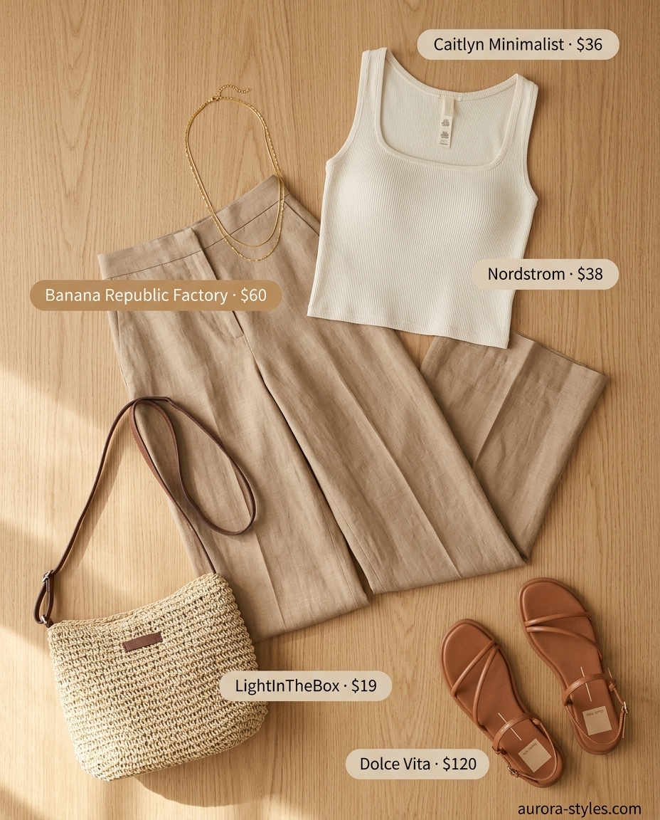 Summer outfits for women with brown hair 2026: Camel linen pants, cream knit top, gold necklaces, straw bag for brunch.