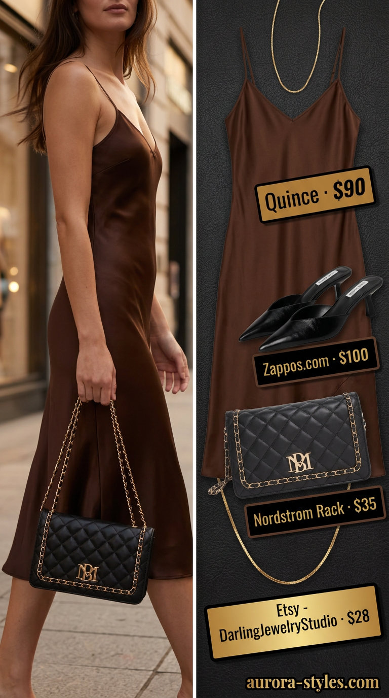 Summer outfits for women with brown hair 2026: Caramel brown silk slip dress, gold necklace, black mules for date night.