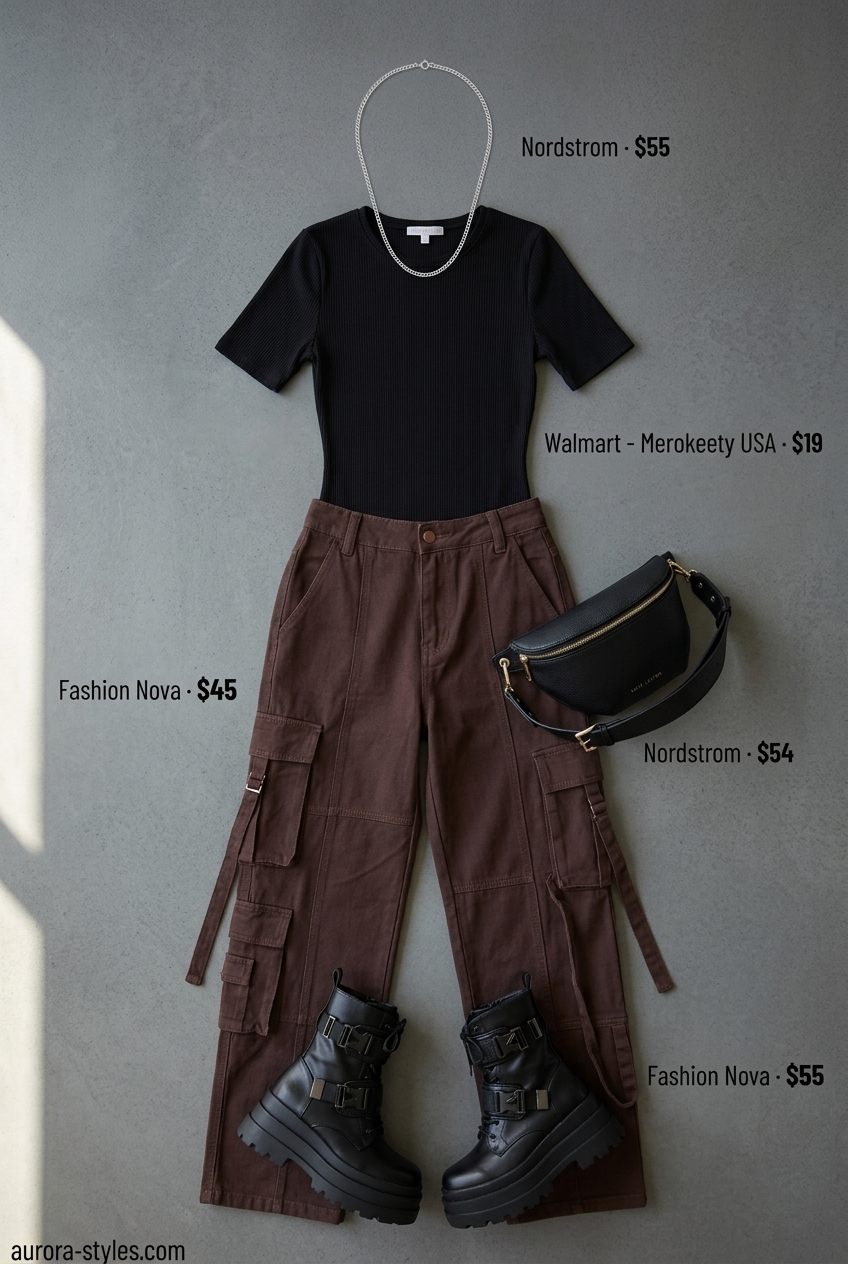 Summer outfits for women with brown hair 2026: Chocolate cargo pants, black bodysuit, platform boots.