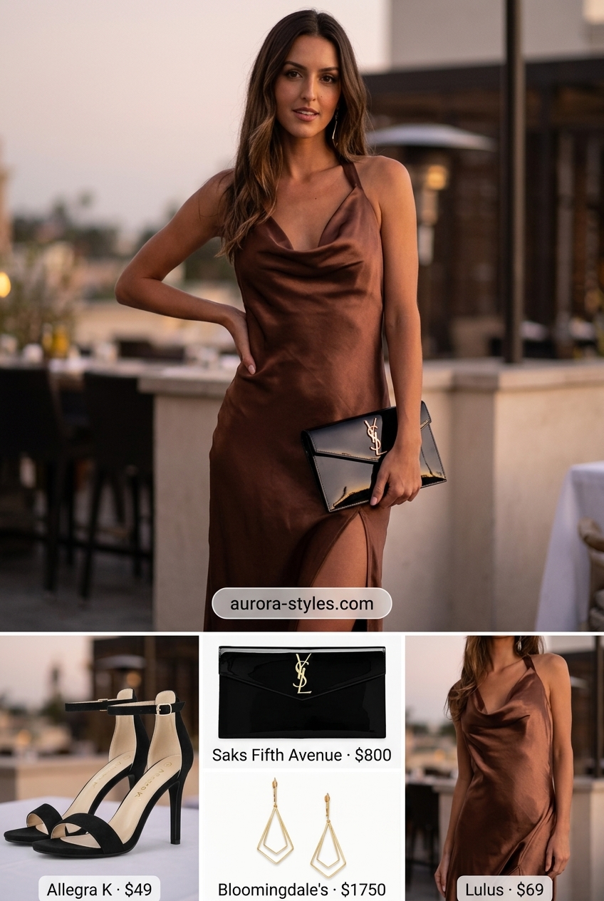 Summer outfits for women with brown hair 2026: Chocolate slip dress, black heels, gold earrings.