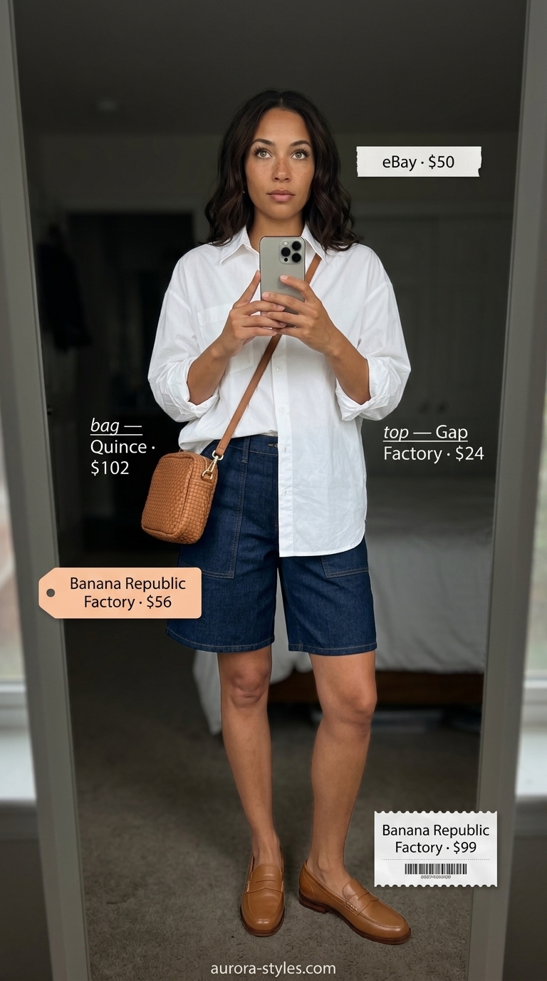 Summer outfits for women with brown hair 2026: Denim bermuda shorts, white shirt, tan loafers.