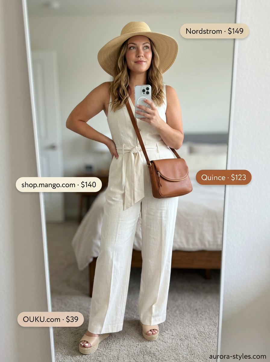 Summer outfits for women with brown hair 2026: Ivory wide-leg jumpsuit, brown crossbody bag, espadrilles, straw hat.