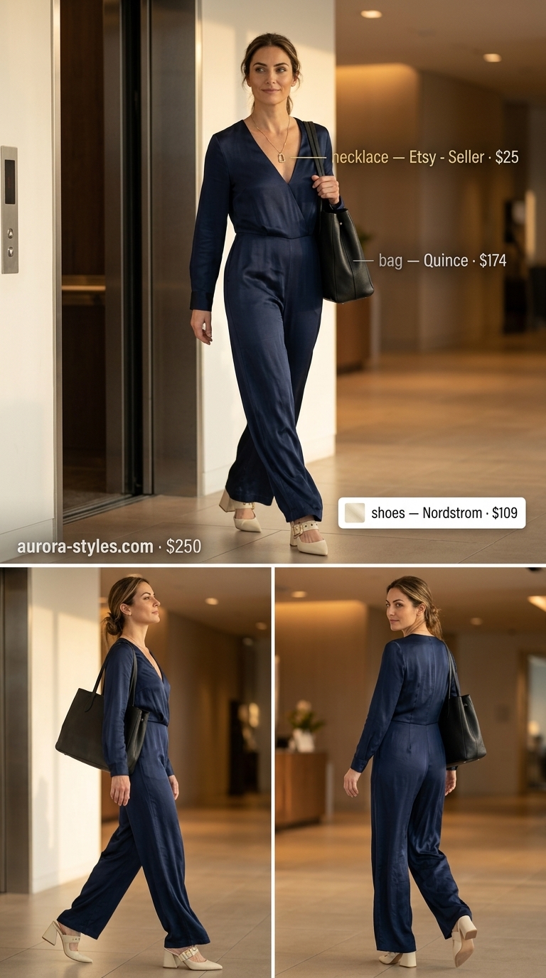 Summer outfits for women with brown hair 2026: Navy wide-leg jumpsuit, cream pumps, black tote.