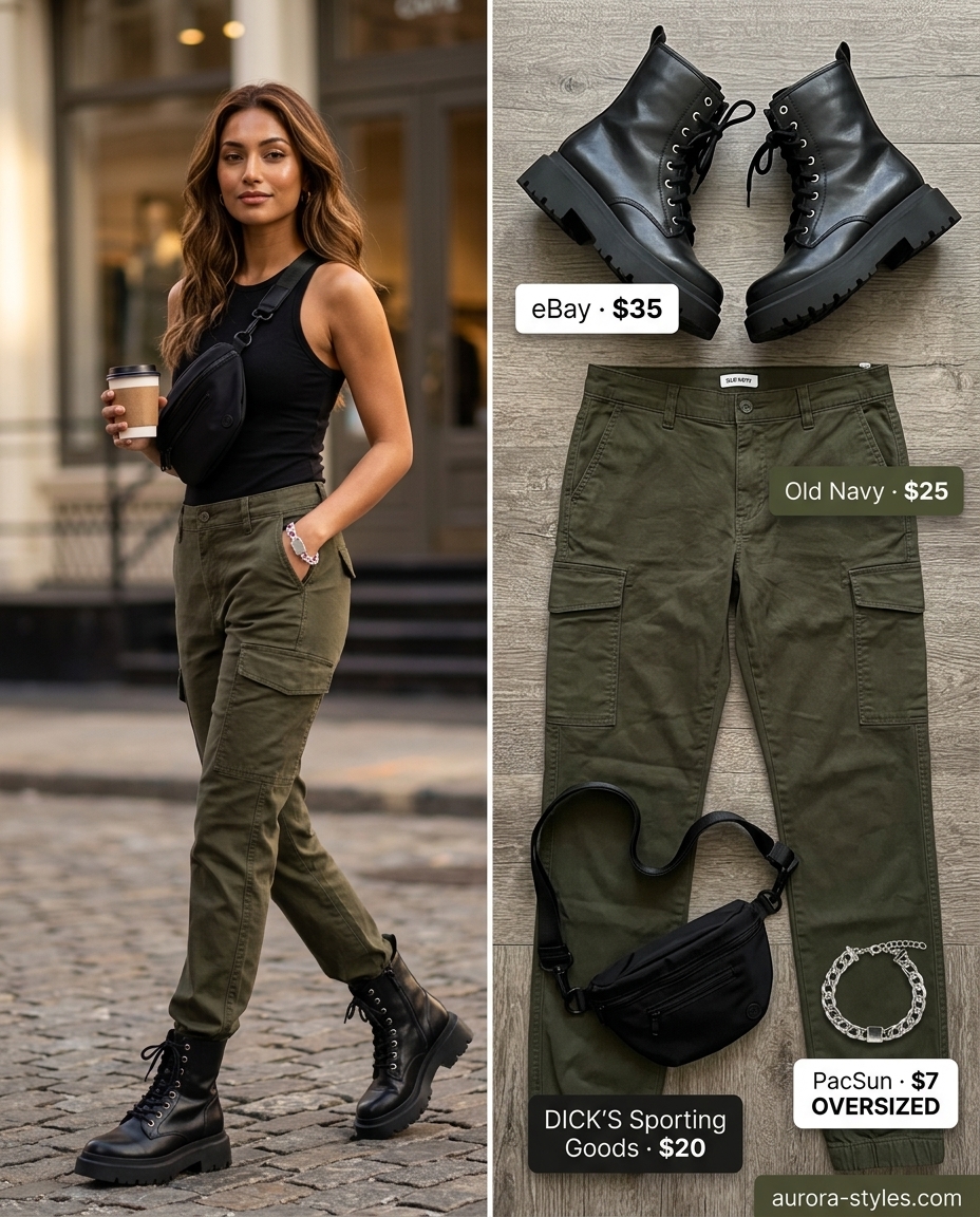 Summer outfits for women with brown hair 2026: Olive cargo pants, black tank, combat boots.
