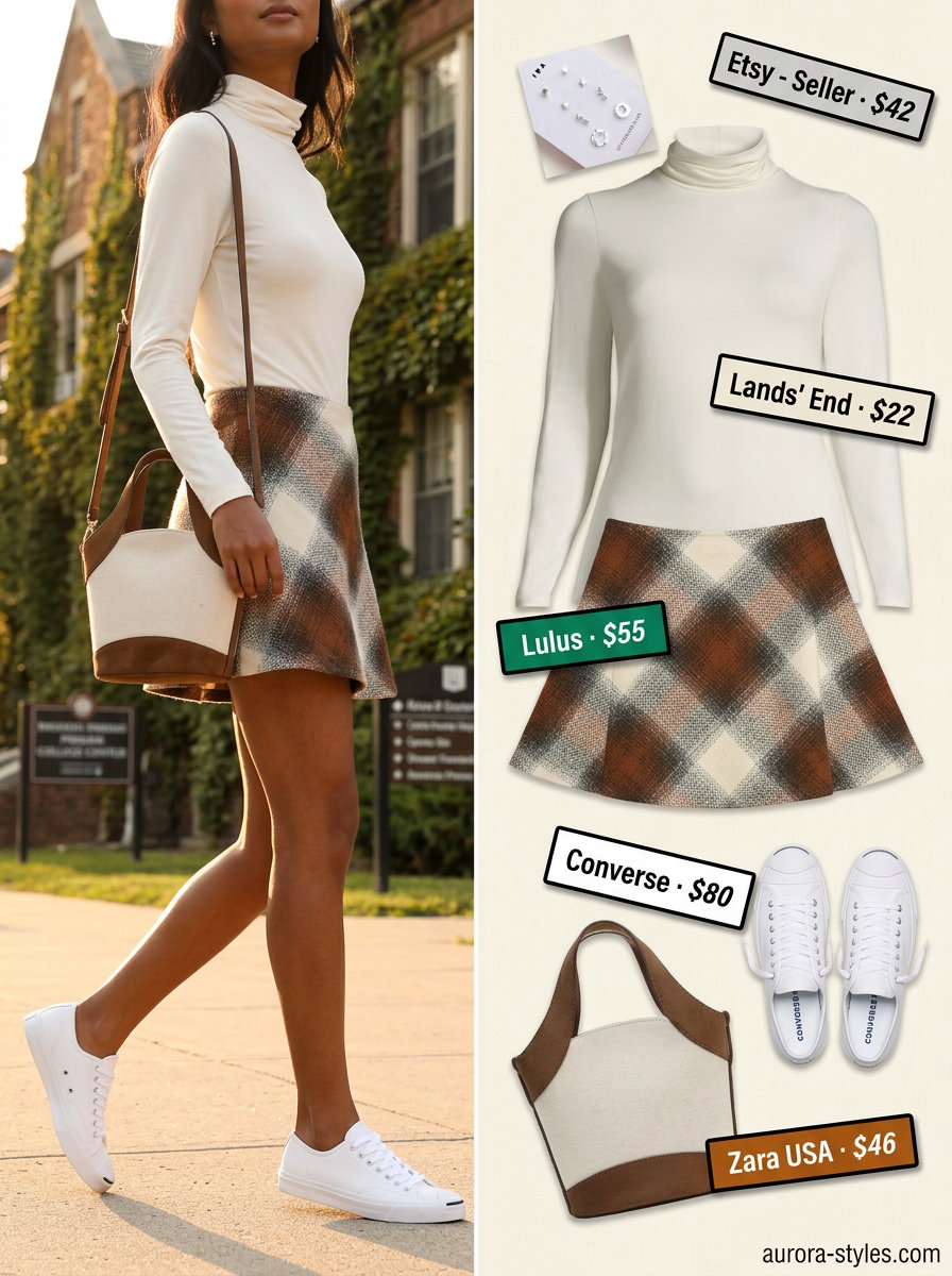 Summer outfits for women with brown hair 2026: Brown plaid skirt, cream turtleneck, sneakers, canvas bag for retro style.
