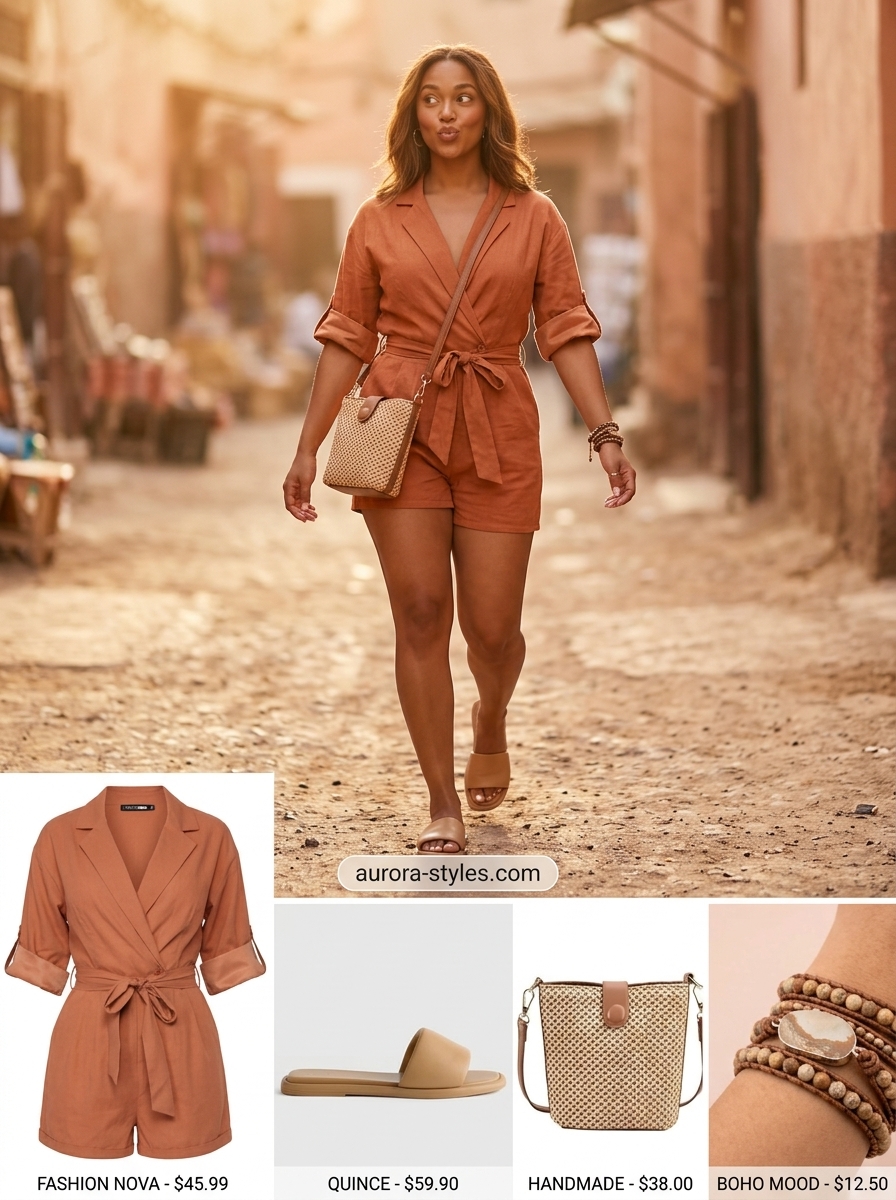 Summer outfits for women with brown hair 2026: Rust orange romper, tan sandals, straw bag.