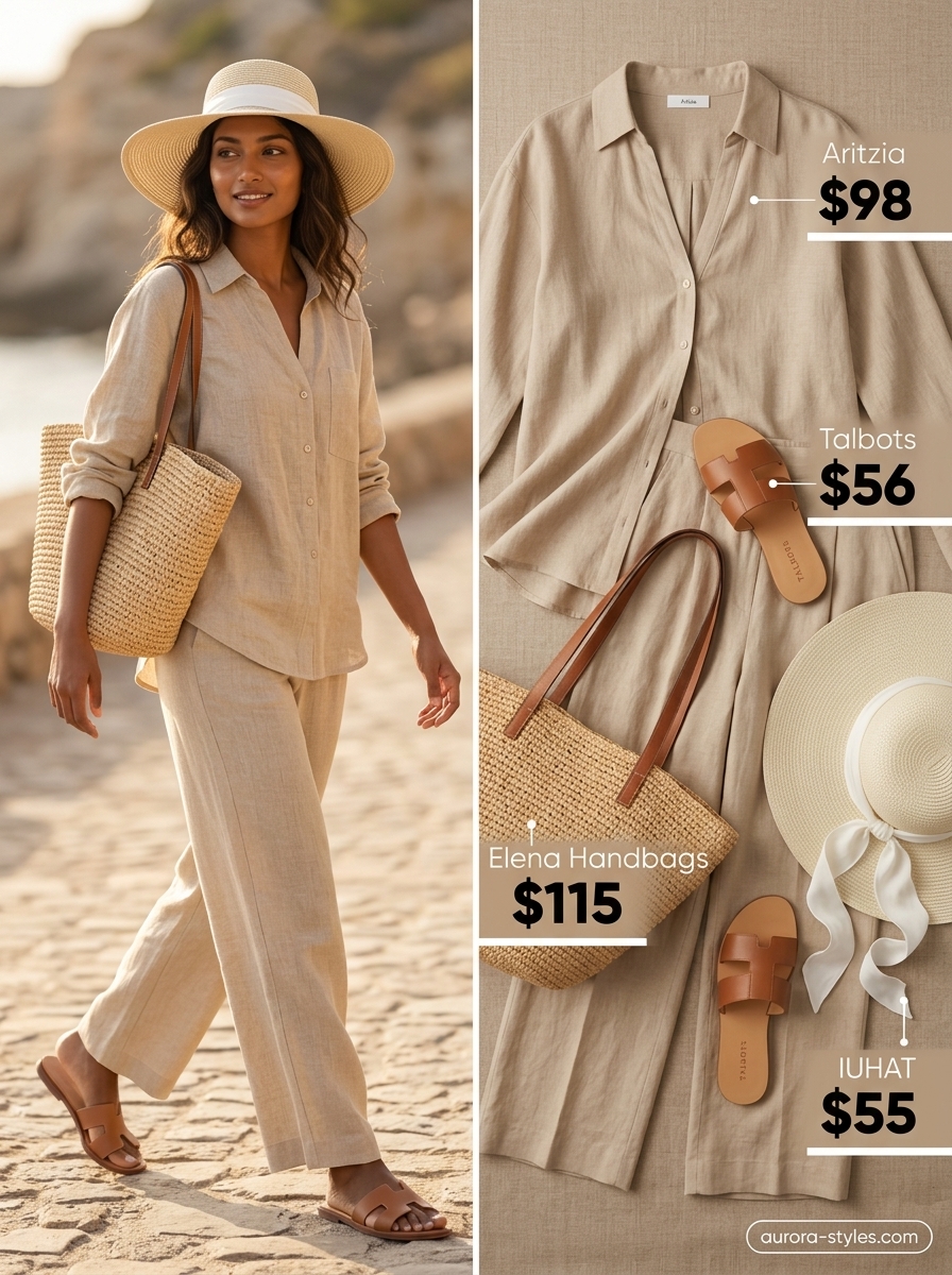 Summer outfits for women with brown hair 2026: Sandy beige linen set, straw hat, leather slides for beach vacation.