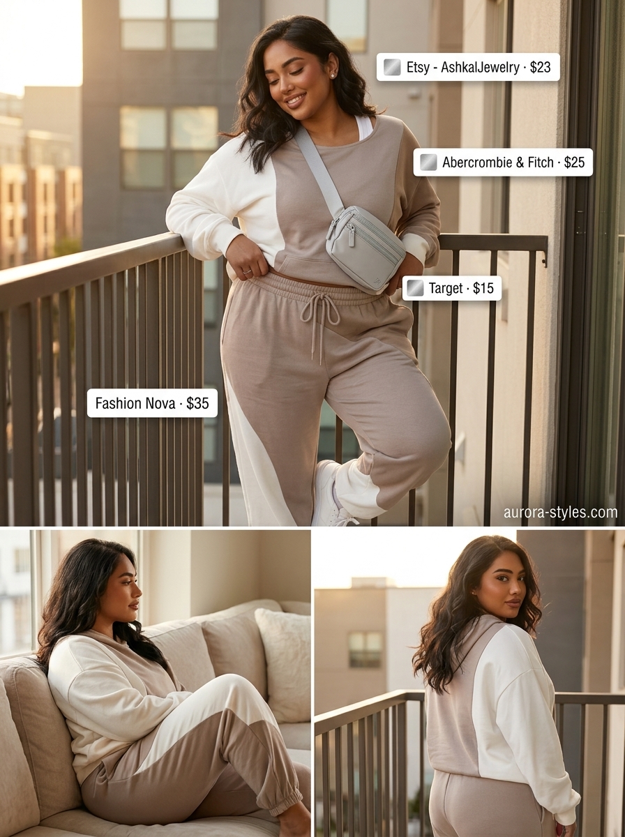 Summer outfits for women with brown hair 2026: Taupe jogger set, white sneakers, silver belt bag.