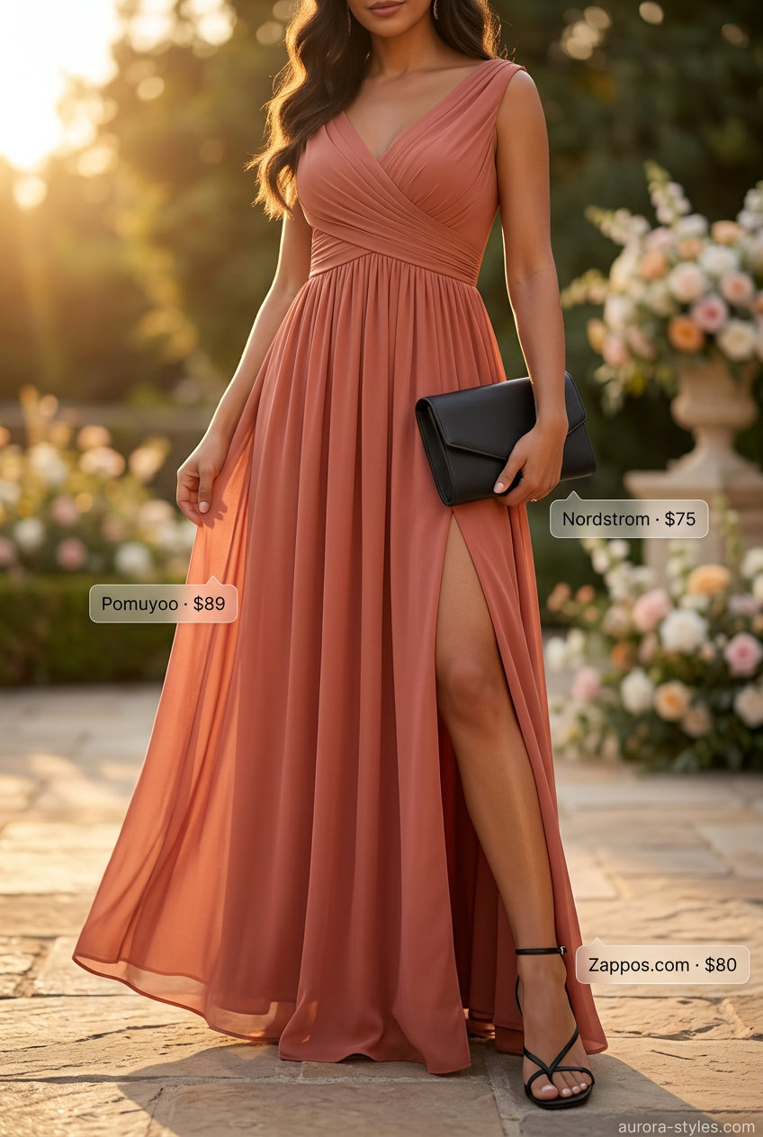 Summer outfits for women with brown hair 2026: Terracotta maxi dress, gold bracelet, black heeled sandals for evening dinner.
