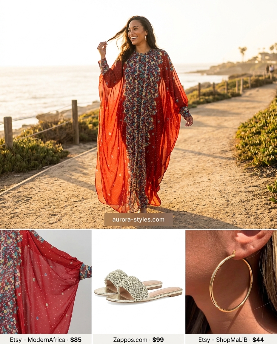 Summer outfits for women with brunette hair 2026: Boho maxi kaftan, straw bag, gold sandals for beach resort.