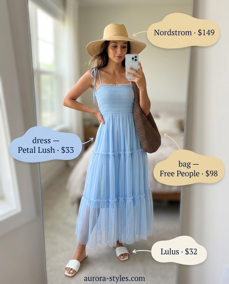 Summer outfits for women with brunette hair 2026: Pastel blue maxi dress, straw hat, tote, and slides for beach day or casual outing.