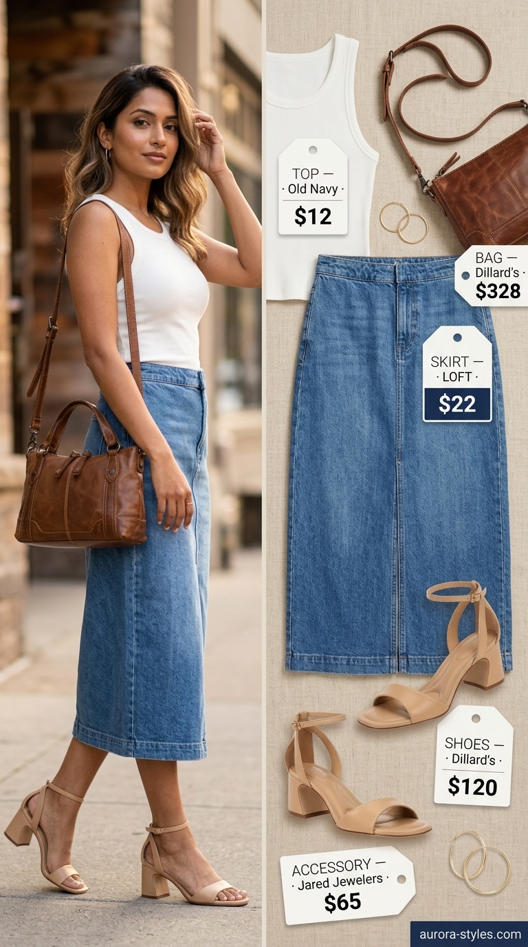 Summer outfits for women with brunette hair 2026: Denim midi skirt, white tank, tan sandals for daytime chic.