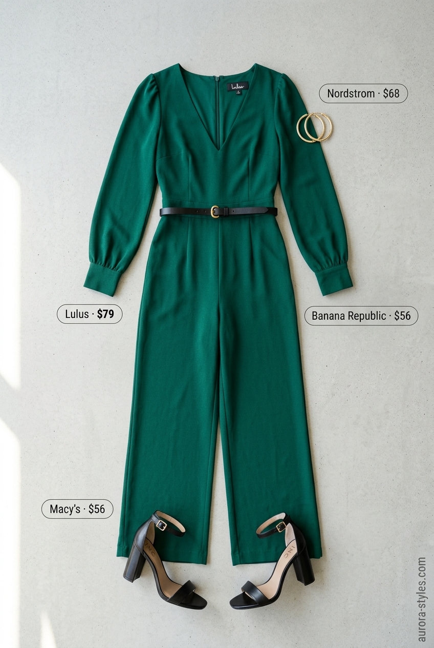 Summer outfits for women with brunette hair 2026: Emerald green wide-leg jumpsuit, black belt, block heels, and gold earrings for daytime event.