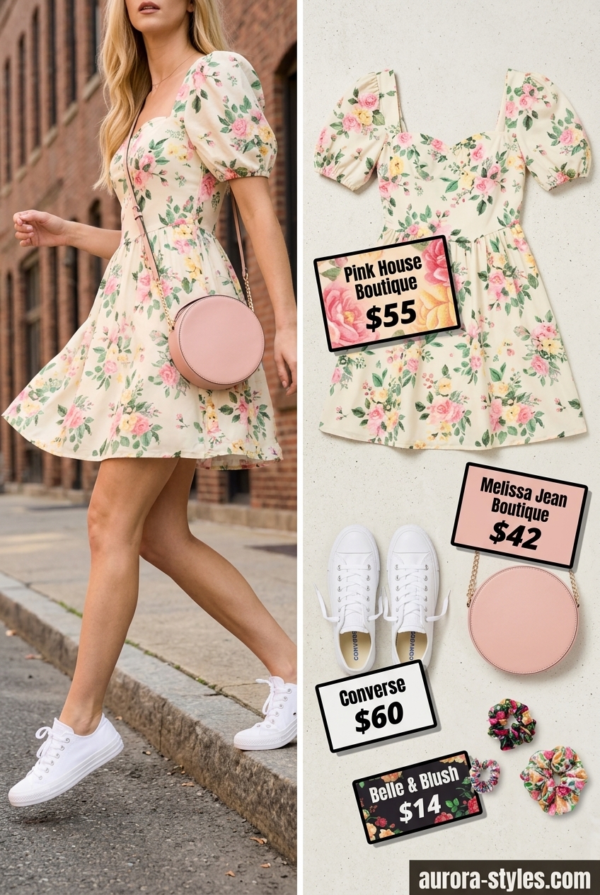 Summer outfits for women with brunette hair 2026: Pastel floral mini dress, white sneakers, pink crossbody bag for casual day.