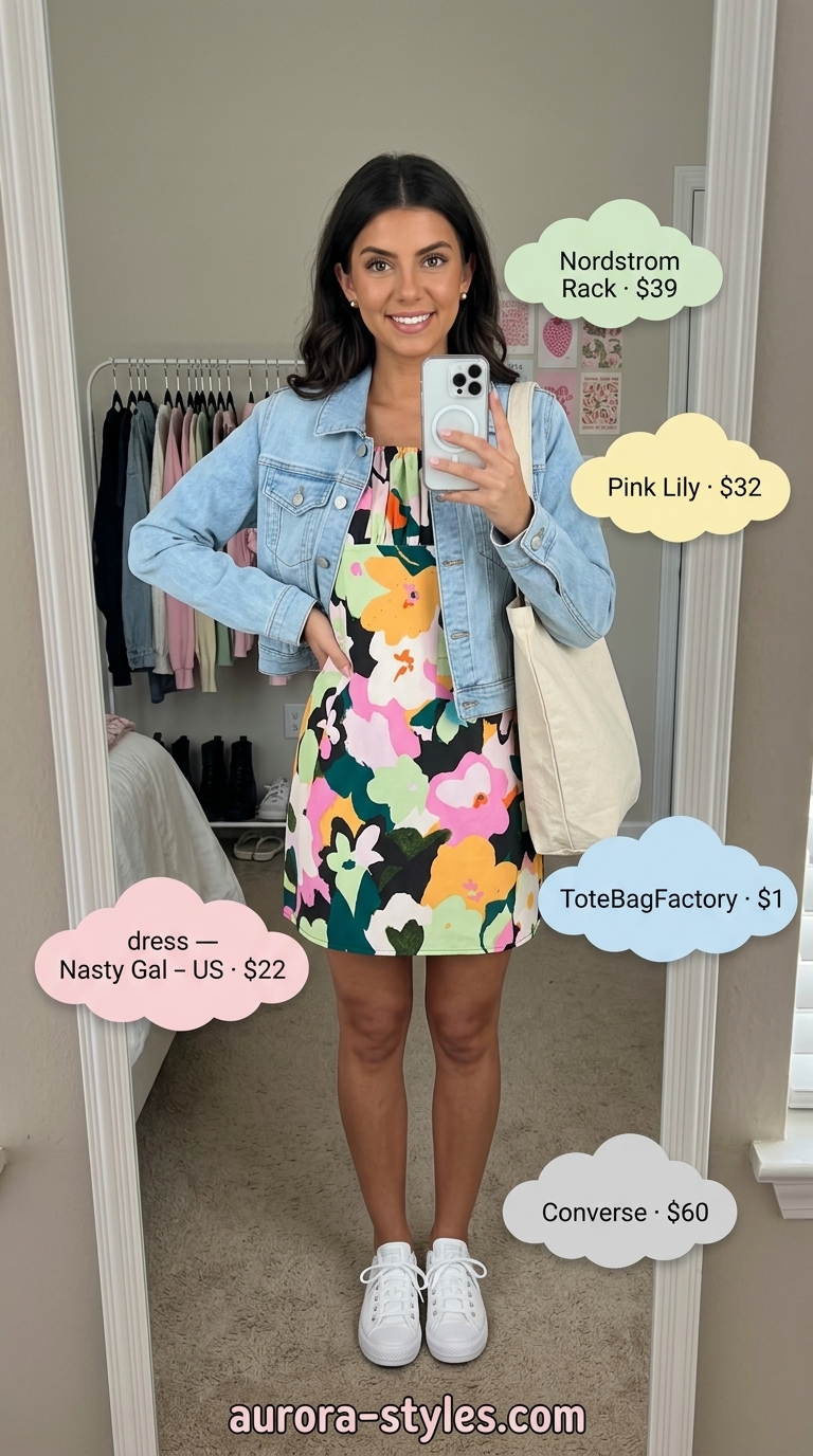 Summer outfits for women with brunette hair 2026: Floral mini dress, denim jacket, canvas sneakers for casual day.