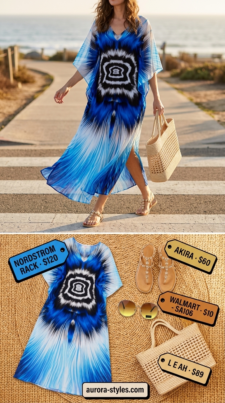 Summer outfits for women with brunette hair 2026: Vibrant caftan dress, embellished sandals, straw tote, and sunglasses for beach or resort.