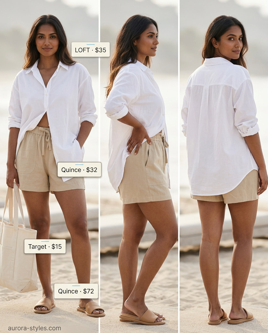 Summer outfits for women with brunette hair 2026: Linen shorts, striped shirt, leather sandals for casual exploration.
