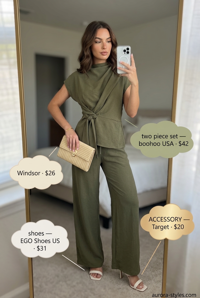 Summer outfits for women with brunette hair 2026: Olive green co-ord set, heeled mules, straw clutch for evening.