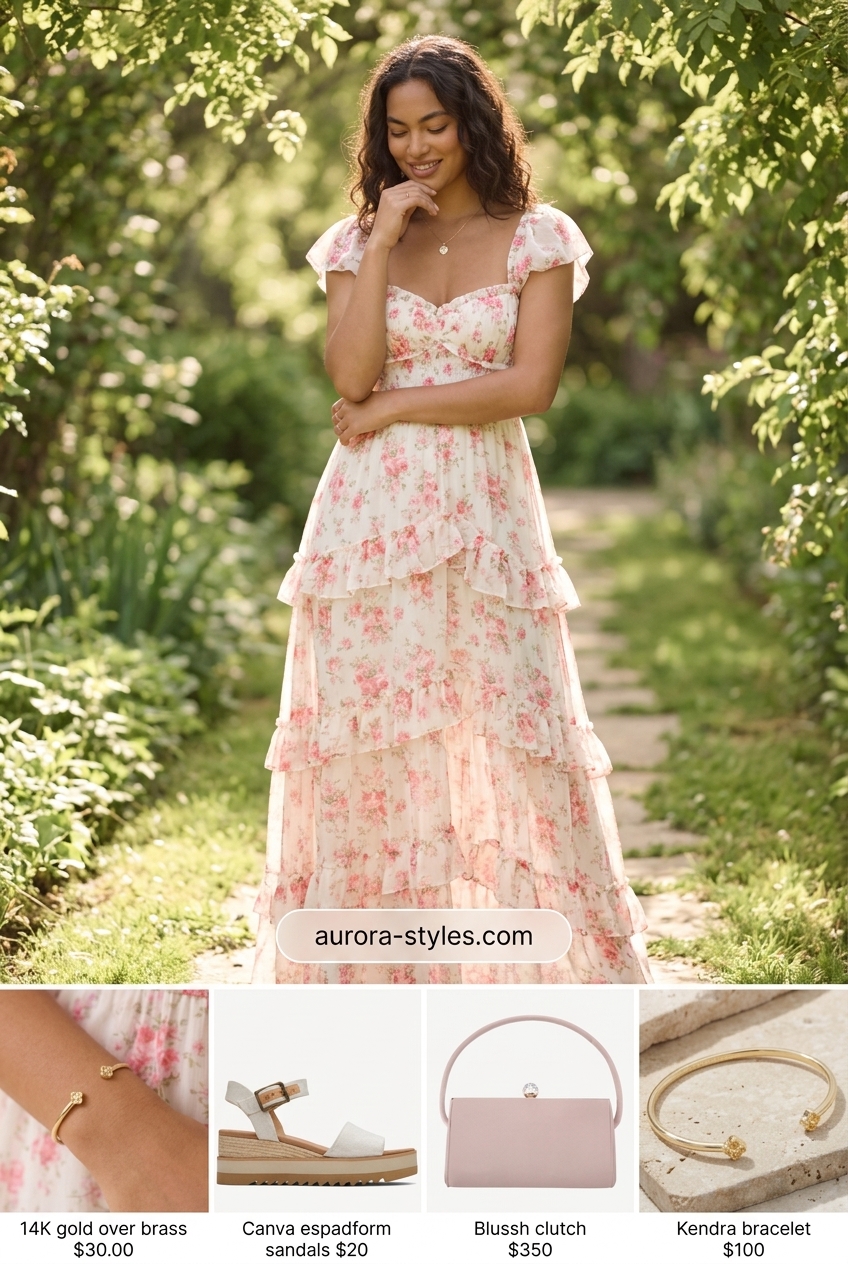 Summer outfits for women with brunette hair 2026: Coral floral maxi dress, espadrille wedges, and clutch for garden party or evening out.