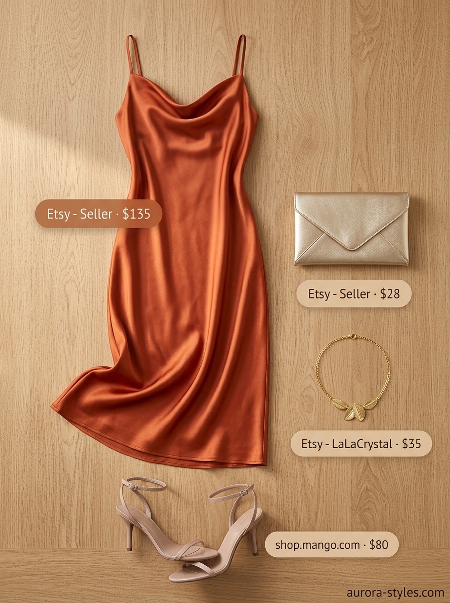 Summer outfits for women with brunette hair 2026: Terracotta slip dress, gold accessories, and nude heels for date night or wedding guest.