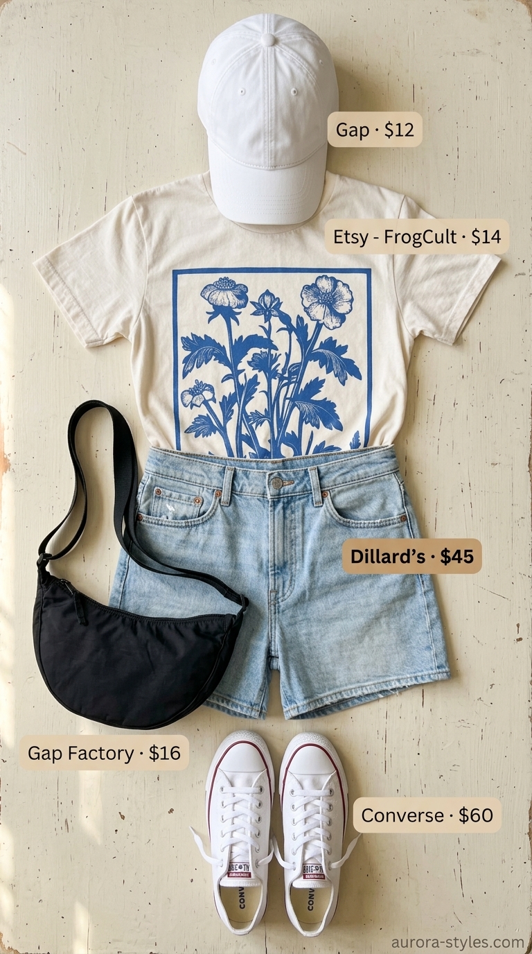 Summer outfits for women with brunette hair 2026: Casual denim shorts, graphic tee, baseball cap, and sneakers for a daytime outing.