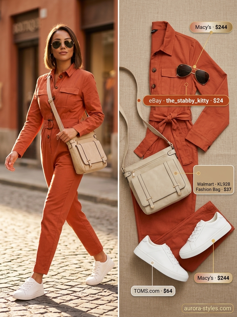 Summer outfits for women with brunette hair 2026: Rust orange utility jumpsuit, sneakers, crossbody bag, and aviators for travel or casual day.