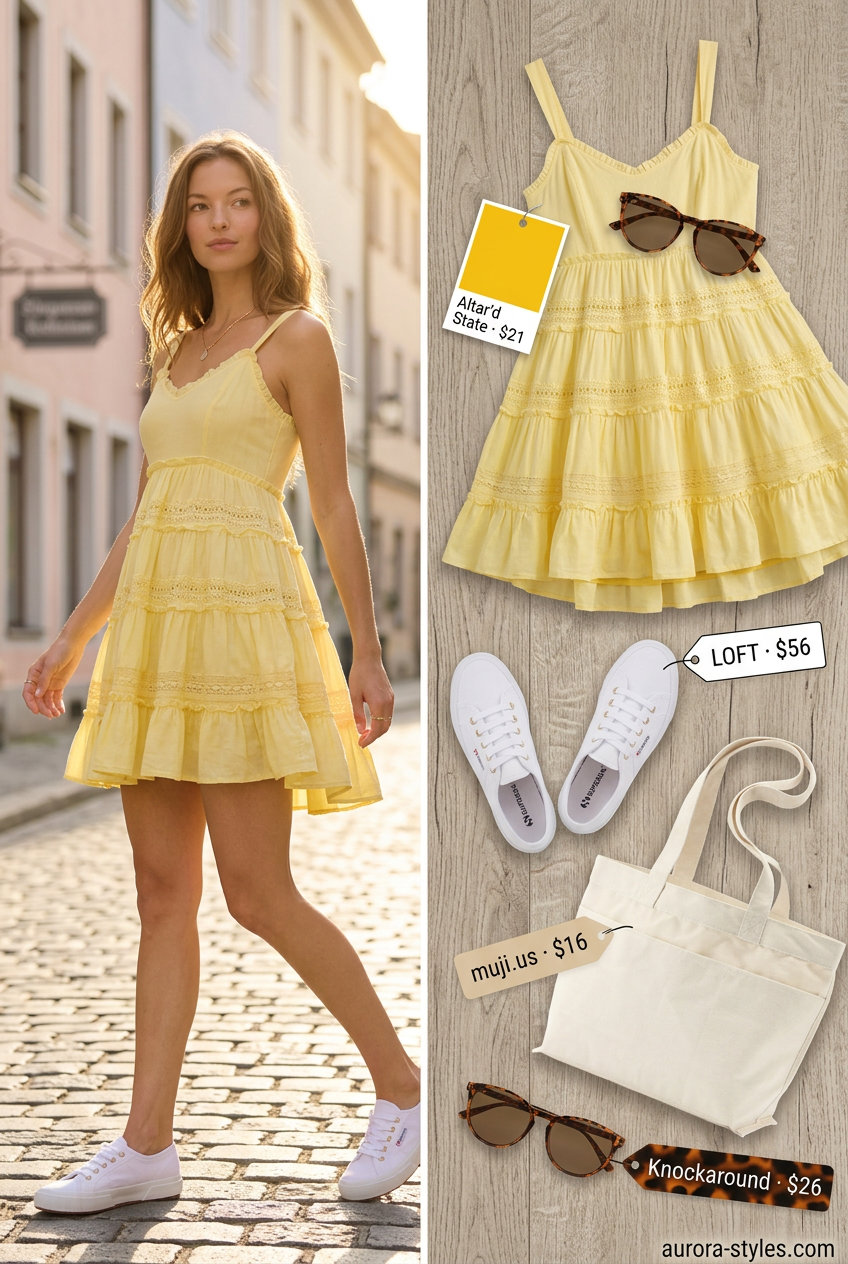 Summer outfits for women with brunette hair 2026: Yellow mini sundress, canvas sneakers, tote bag for beach.