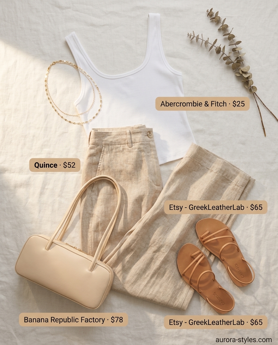 Camel linen wide-leg pants, cream tank top, and gold necklaces for summer outfits for women with brunette hair 2026.