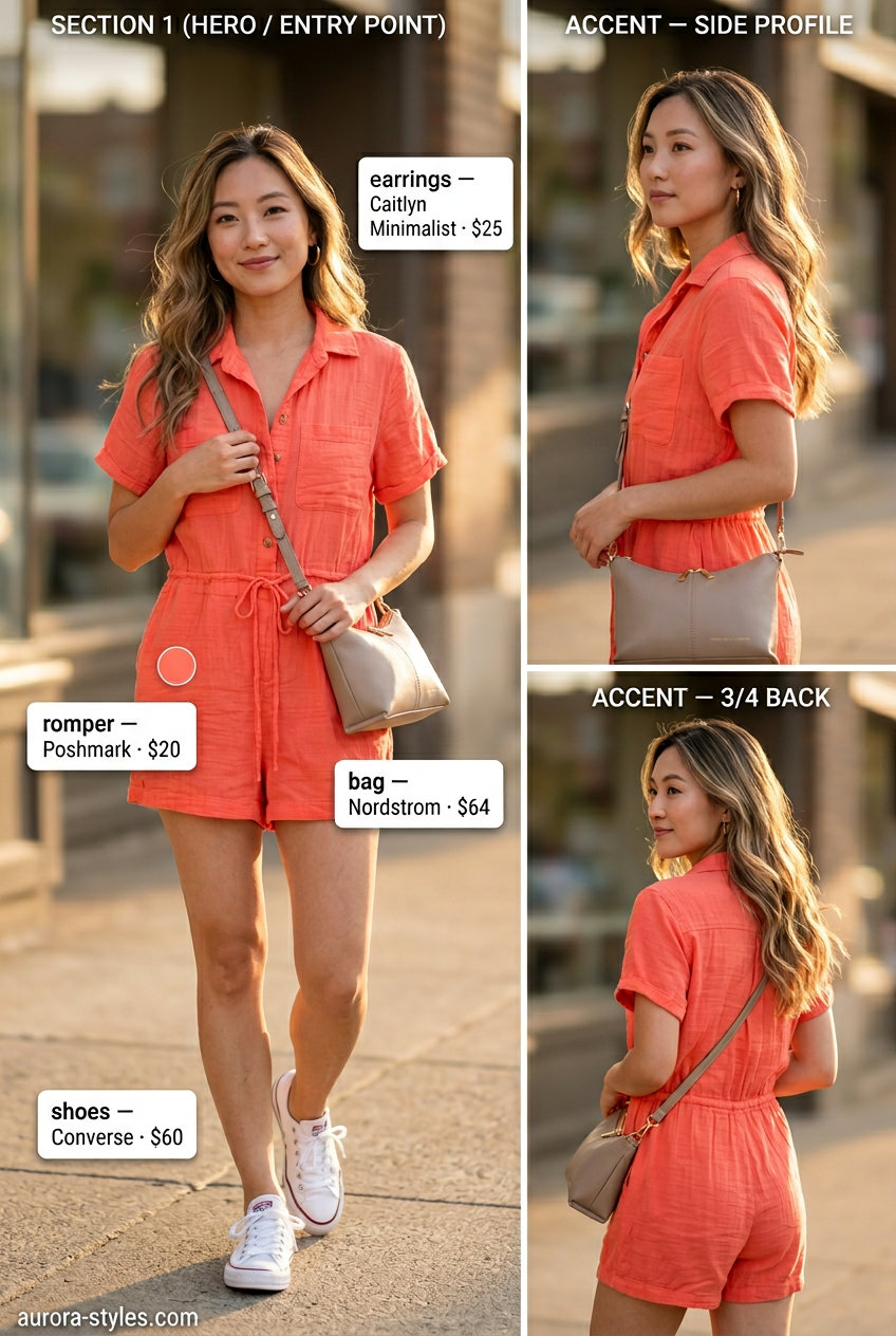 Coral romper with white sneakers and tan crossbody bag for summer outfits for women with brunette hair 2026.