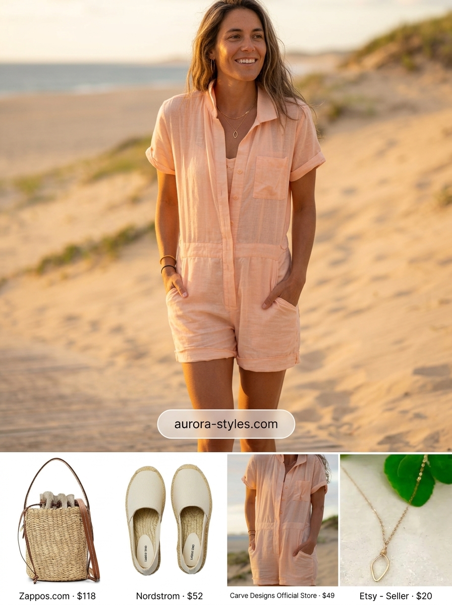 Soft coral linen romper with white espadrilles for summer outfits for women with brunette hair 2026.