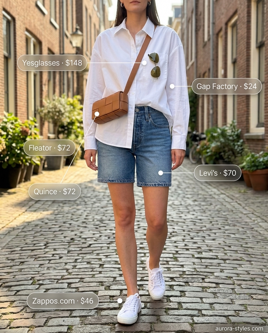 Denim shorts, oversized white button-down shirt, and tan belt bag for summer outfits for women with brunette hair 2026.