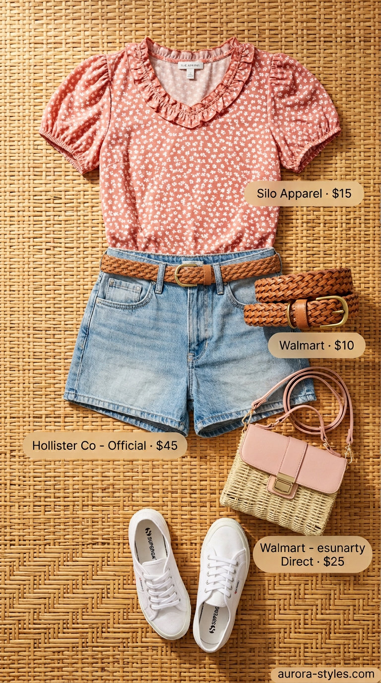Summer outfits for women with hourglass shape 2026: Denim shorts with floral blouse, white sneakers, and straw bag.