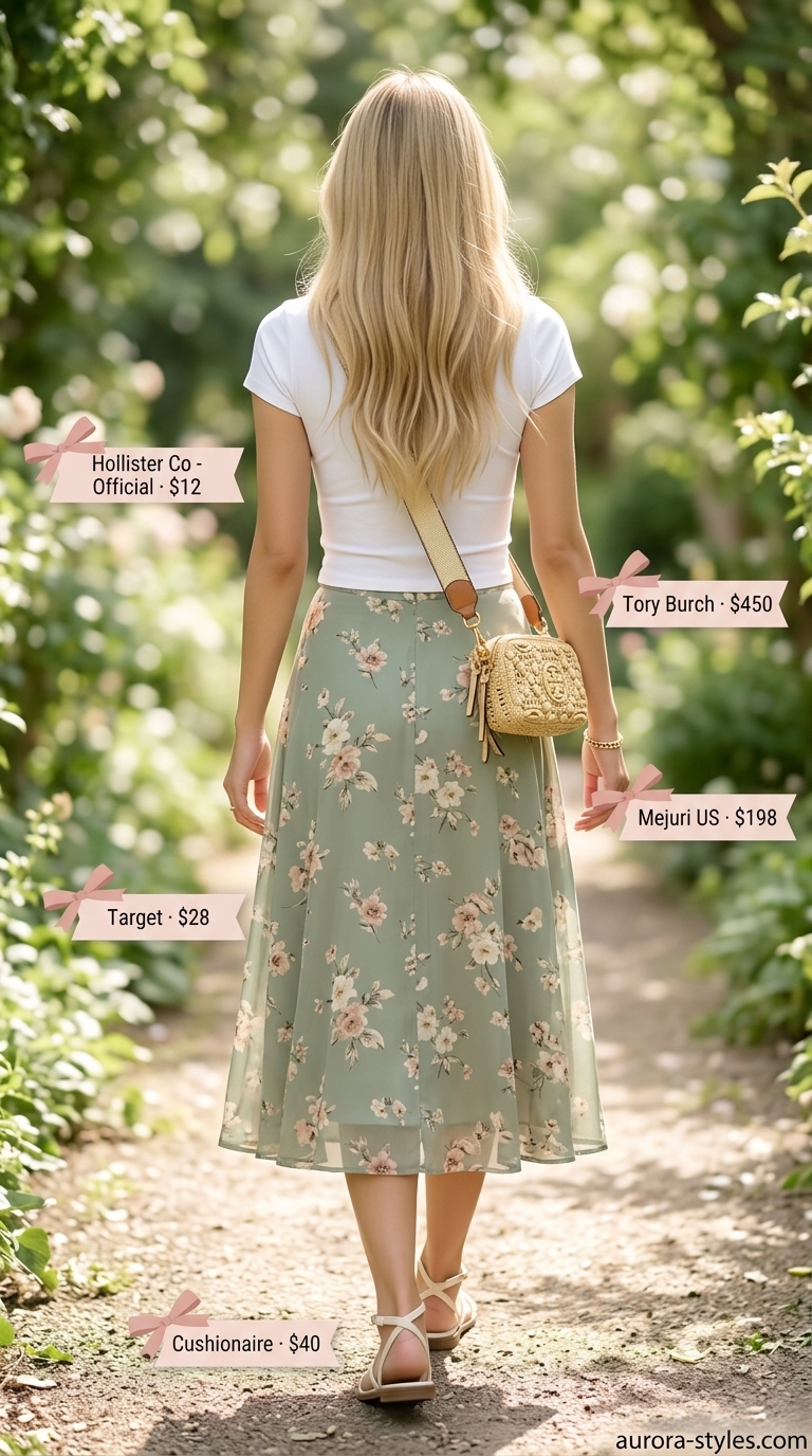 Summer outfits for women with hourglass shape 2026: Floral midi skirt with white tee, flat sandals, and straw bag.